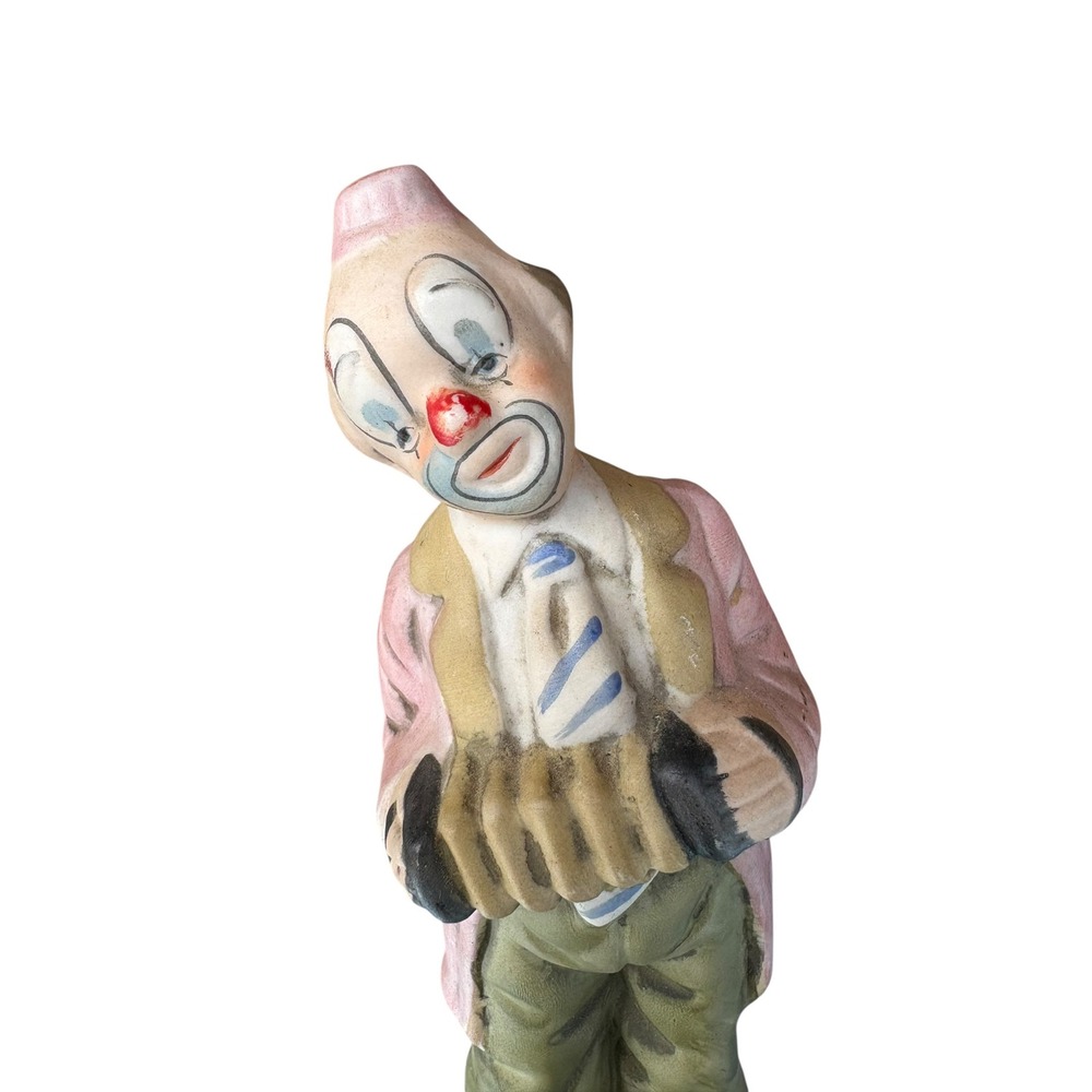 Vintage Ceramic Clown Figurine Playing Accordion Pink Tailcoat Bisque Statue